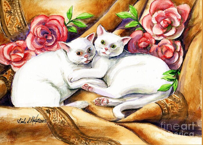 Cat Greeting Card featuring the painting Hugging Cats by Linda L Martin