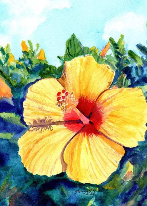 Hula Girl Hibiscus Greeting Card featuring the painting Hula Girl Hibiscus by Marionette Taboniar