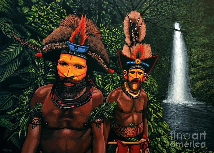 Papua New Guinea Greeting Card featuring the painting Huli men in the jungle of Papua New Guinea by Paul Meijering