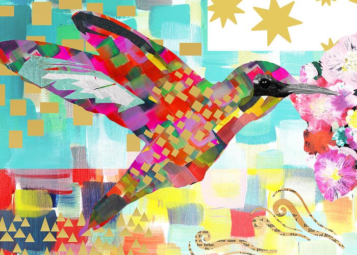 Humming Bird Collage Greeting Card featuring the mixed media Humming Bird by Claudia Schoen