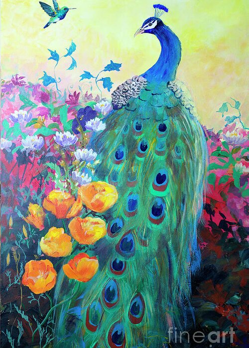Hummingbird And Peacock Greeting Card featuring the painting Hummingbird and Peacock by Robin Pedrero