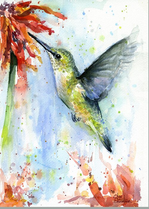 Watercolor Greeting Card featuring the painting Hummingbird and Red Flower Watercolor by Olga Shvartsur