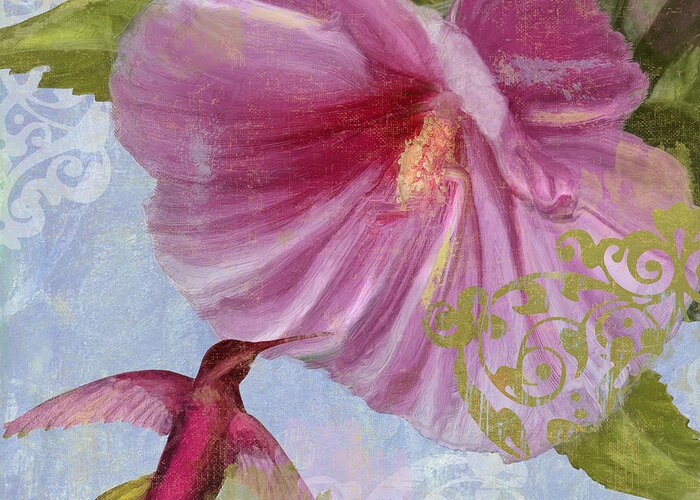 Hummingbird Greeting Card featuring the painting Hummingbird Hibiscus I by Mindy Sommers