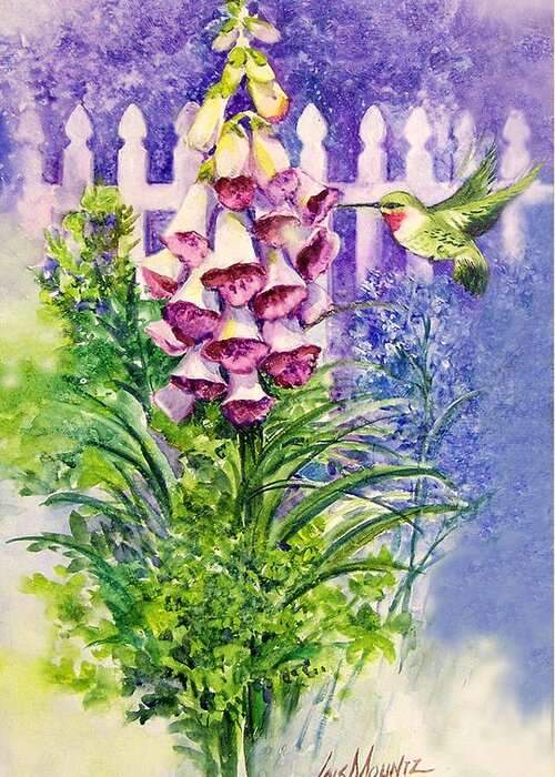 Bird;hummingbird;foxgloves;flowers;floral;fence;picket Fence;impressionistic;watercolor;painting; Greeting Card featuring the painting Hummingbird in Foxgloves by Lois Mountz