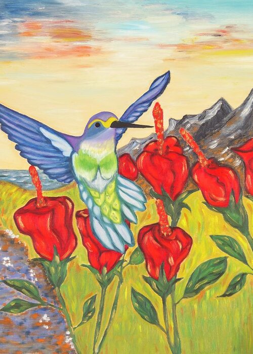 Hummingbird Greeting Card featuring the painting Nectar of Life - Hummingbird by Neslihan Ergul Colley