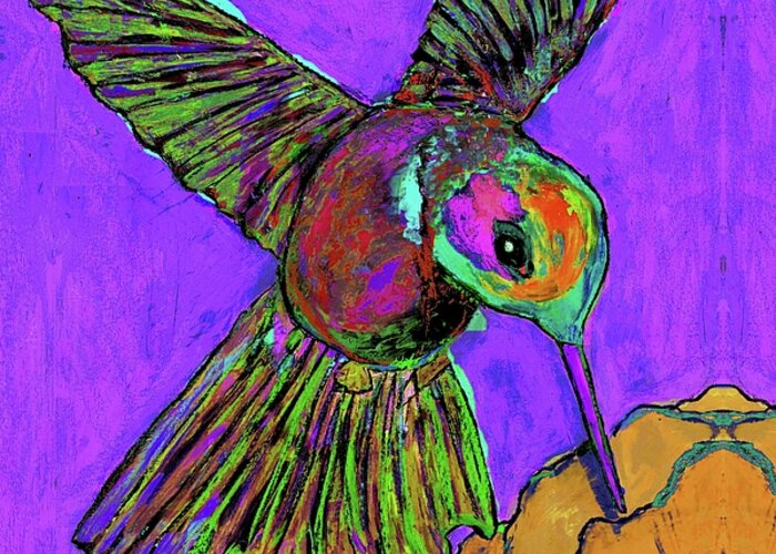 Hummingbird Greeting Card featuring the painting Hummingbird on Purple by Dale Moses
