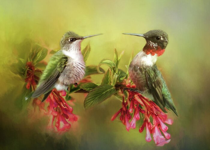 Hummingbirds Greeting Card featuring the photograph Hummingbirds and Blossoms by TnBackroadsPhotos