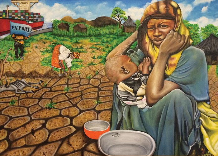 Africa Greeting Card featuring the painting Hunger in the Land of Plenty by O Yemi Tubi