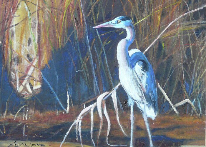 Blue Heron Greeting Card featuring the painting Hunting by Gloria Smith