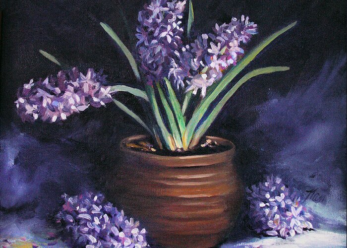 Flowers Greeting Card featuring the painting Hyacinths in a Pot by Nancy Griswold