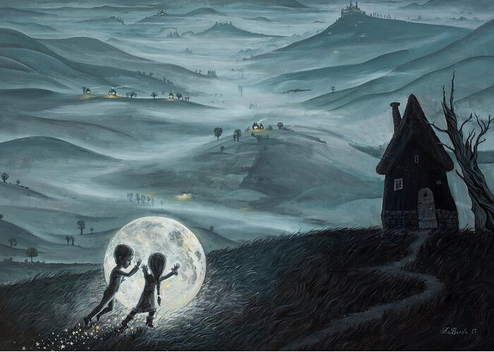 Kids Greeting Card featuring the painting I Love Dreaming into That Dying Light by Adrian Borda
