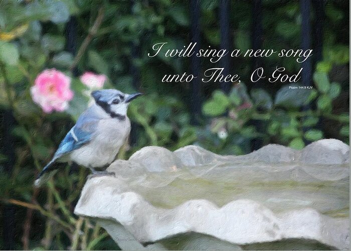 Bird Blue Jay Fowl Birdbath Water Flowers Rose Pink Psalm Bible Scripture God Faith Father Almighty Savior Sing Christian Christ Jesus Midwest Digital Painting Greeting Card featuring the photograph I Will Sing a New Song by Diane Lindon Coy