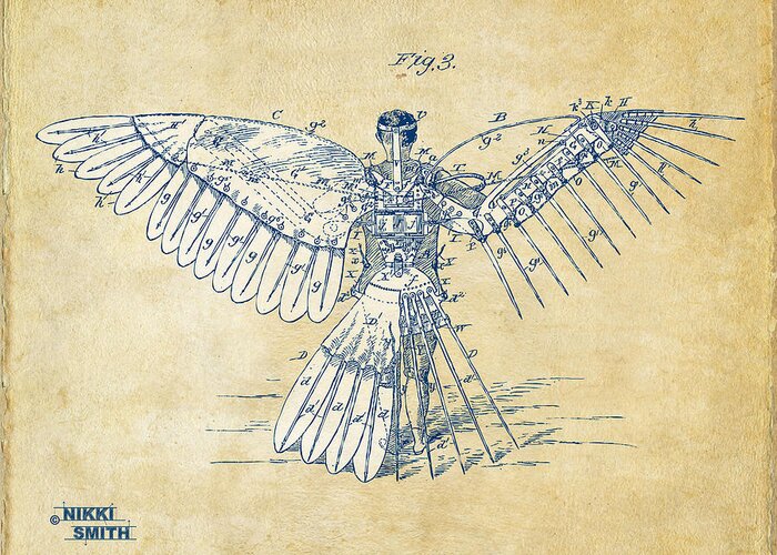 Patent Greeting Card featuring the digital art Icarus Human Flight Patent Artwork - Vintage by Nikki Smith
