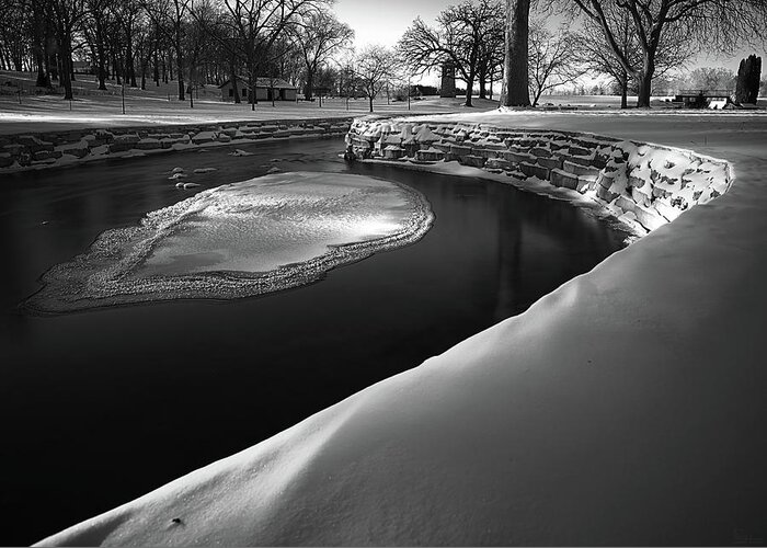 Ice River Snow Park Lake Leota Wi Wisconsin Cold Stream Black And White B&w Greeting Card featuring the photograph Ice Island on Allen Creek at Lake Leota Park in Evansville WI by Peter Herman