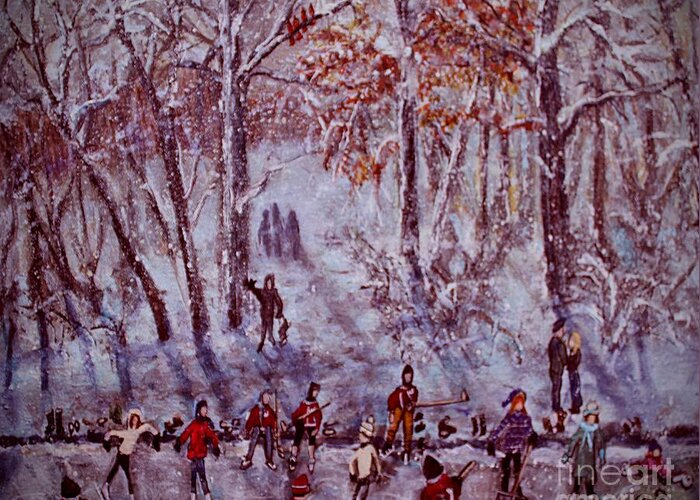 Waltham Greeting Card featuring the painting Ice Skating on Hardy Pond by Rita Brown
