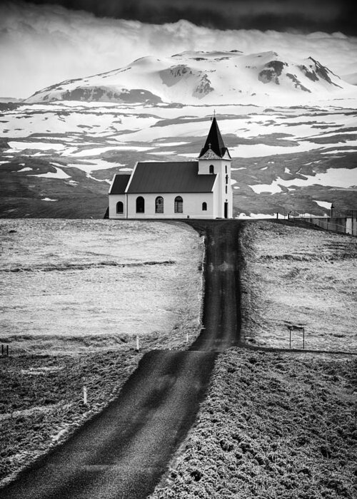 Iceland Greeting Card featuring the photograph Iceland Ingjaldsholl church and mountains black and white by Matthias Hauser