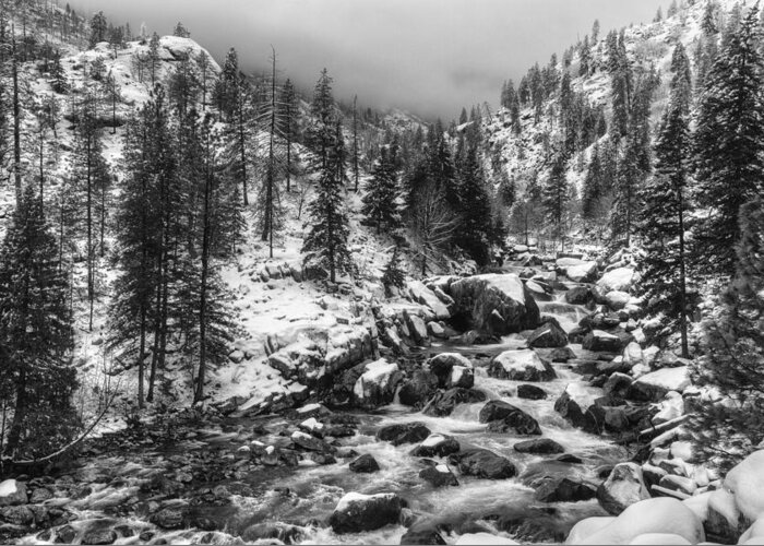 Cloudy Greeting Card featuring the photograph Icicle Creek Black and White by Mark Kiver