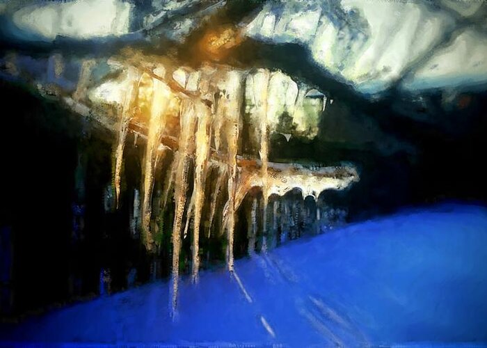 Icicles Greeting Card featuring the painting Icicles dropping water in winter with sun shining through by MendyZ 