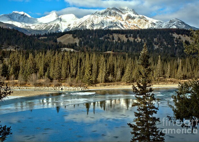 Pyramid Greeting Card featuring the photograph Icy Jasper Mountain Reflections by Adam Jewell