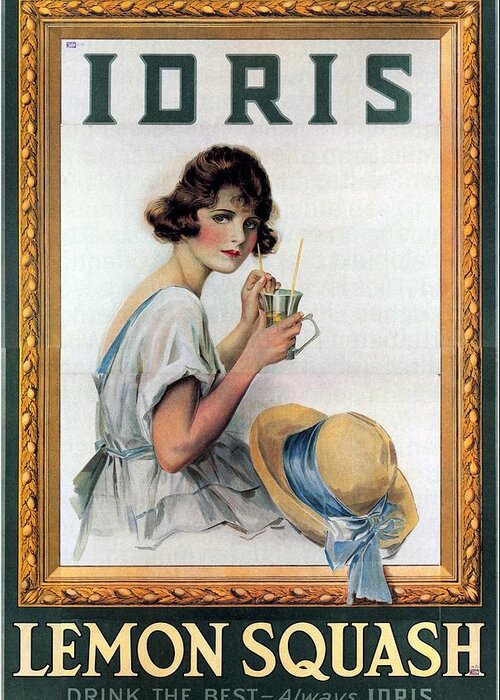 Idris Greeting Card featuring the mixed media Idris - Lemon Squash - Girl Drinking Lemon Squash - Vintage Advertising Poster by Studio Grafiikka