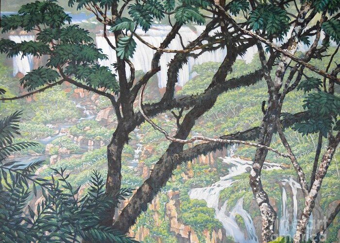 Landscape Brazil Argentina Iguassu Falls Greeting Card featuring the painting Through the Trees by Dan Remmel