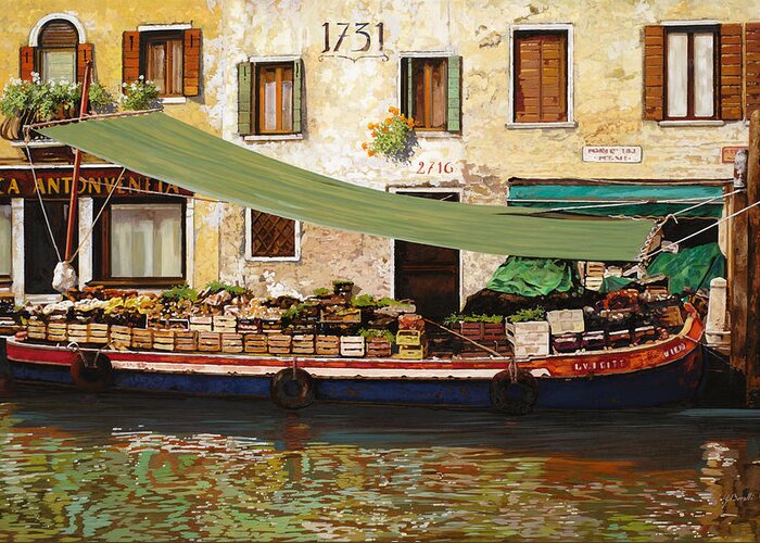  Venice Greeting Card featuring the painting il mercato galleggiante a Venezia by Guido Borelli