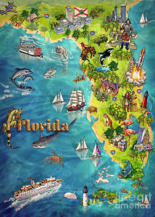 Castillo De San Marcos National Monument Greeting Card featuring the painting Illustrated Map of Florida by Maria Rabinky