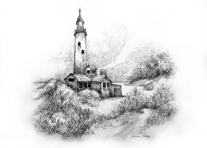 Black And White Greeting Card featuring the drawing Imaginary Lighthouse by Yvonne Blasy