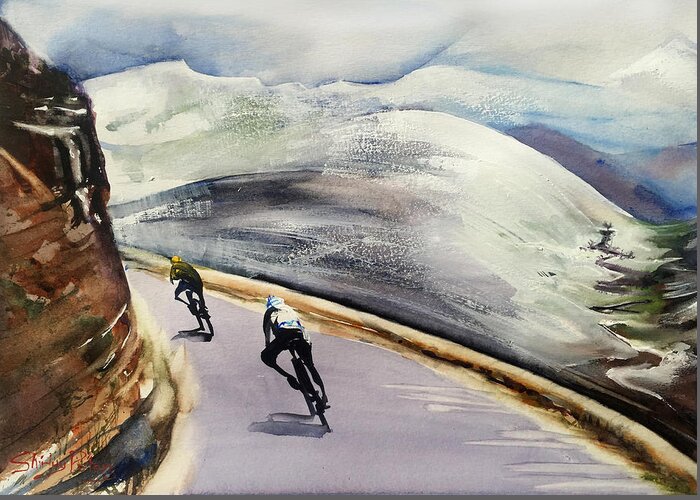 Cycling Greeting Card featuring the painting In The Alps by Shirley Peters