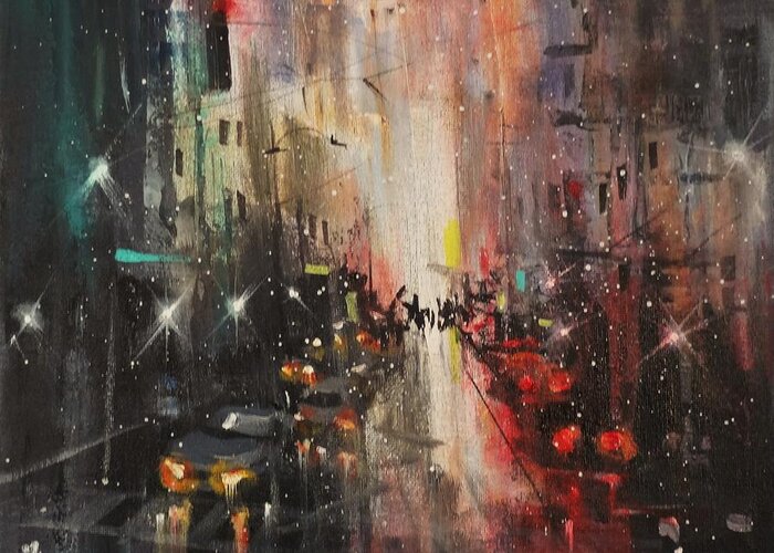 Night City Paintings Greeting Card featuring the painting In The City by Tom Shropshire