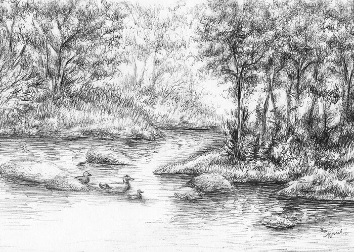 Landscape Greeting Card featuring the drawing In the Forest by Sipporah Art and Illustration