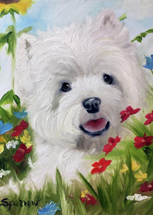 Westie Greeting Card featuring the painting In the Garden by Mary Sparrow