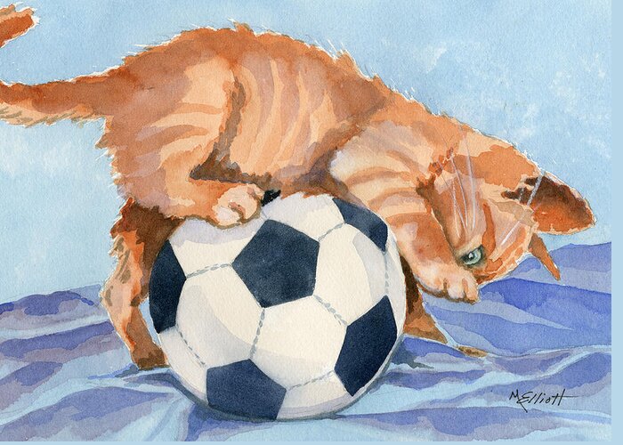 Cat Feline Kitten Pet Play Ball Soccer Training Olympics Games Greeting Card featuring the painting In Training by Marsha Elliott