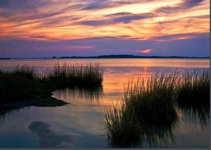 Sunset Greeting Card featuring the photograph Indian River Bay at sunset by Bill Jonscher