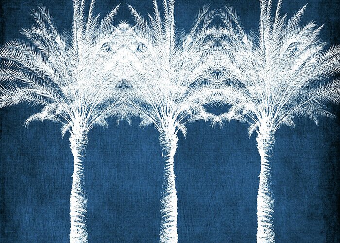 Palm Tree Greeting Card featuring the mixed media Indigo And White Palm Trees- Art by Linda Woods by Linda Woods