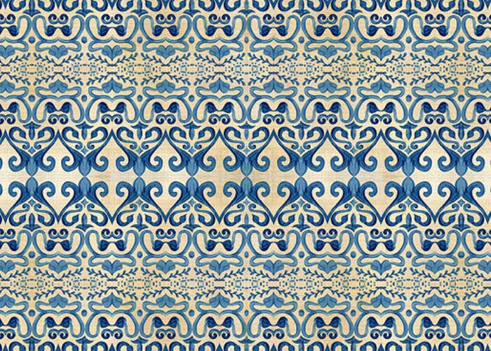 Repeat Pattern Greeting Card featuring the painting Indigo Ocean - Caribbean Tile Inspired Watercolor swirl Pattern by Audrey Jeanne Roberts