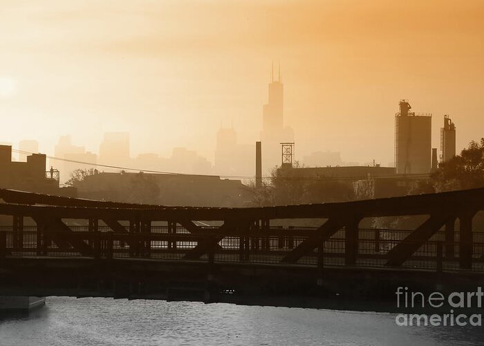 Chicago Greeting Card featuring the photograph Industrial foggy Chicago Skyline by Bruno Passigatti