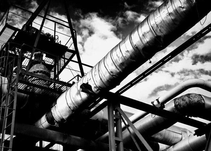 Industrial Greeting Card featuring the photograph Industrial Metal Piping in Monochrome by John Williams