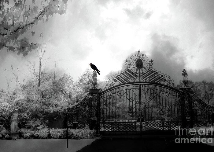 Surreal Raven On Gate Greeting Card featuring the photograph Infrared Gothic Raven On Gate Black And White Infrared Print - Solitude - Gothic Raven Infrared Art by Kathy Fornal