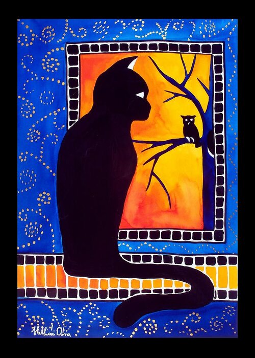 Black Cat Greeting Card featuring the painting Insomnia - Cat and Owl Art by Dora Hathazi Mendes by Dora Hathazi Mendes