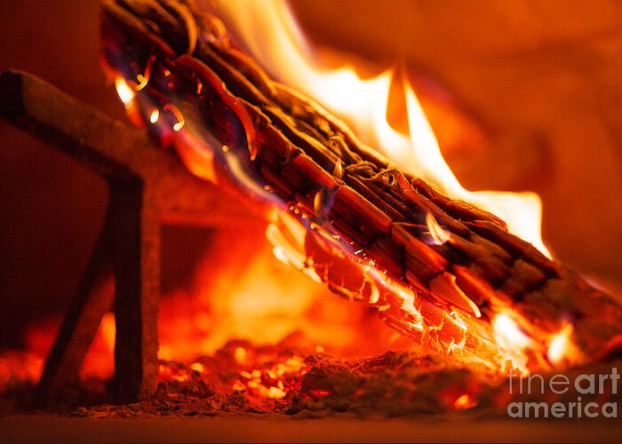 Brick Greeting Card featuring the photograph Interior Of Wood Fired Brick Oven With Burning Log by JM Travel Photography
