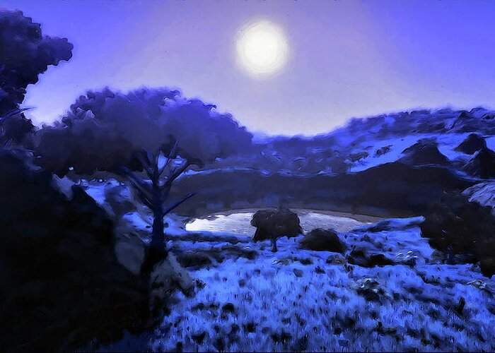Unreal Landscape Greeting Card featuring the painting Into the Night by AM FineArtPrints