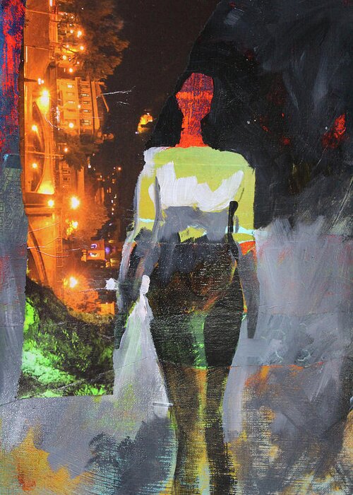 Abstract Figure Collage Greeting Card featuring the mixed media Into the Night by Nancy Merkle