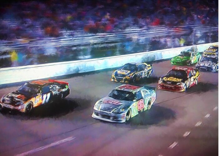 Nascar Greeting Card featuring the painting Into The Night by Steven Richardson