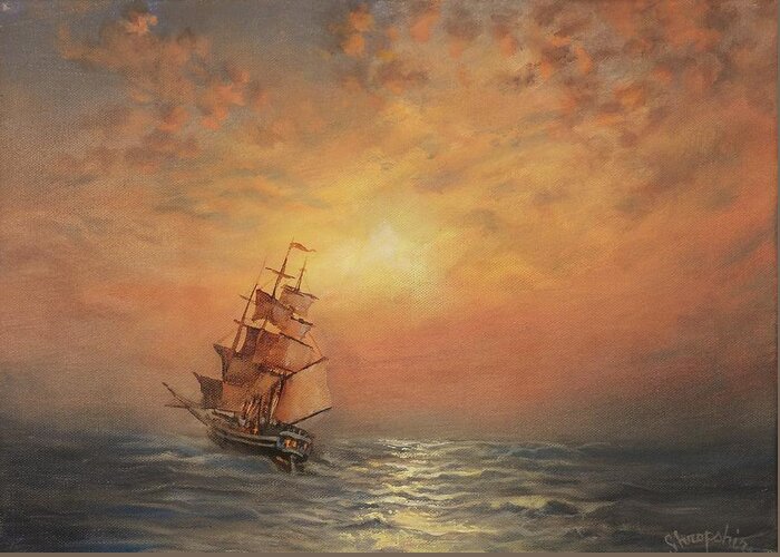 Sailing Ship Greeting Card featuring the painting Into the Sunset by Tom Shropshire