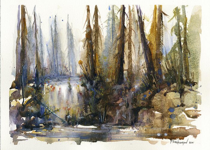 Watercolors Greeting Card featuring the painting Into the Woods by Kristina Vardazaryan
