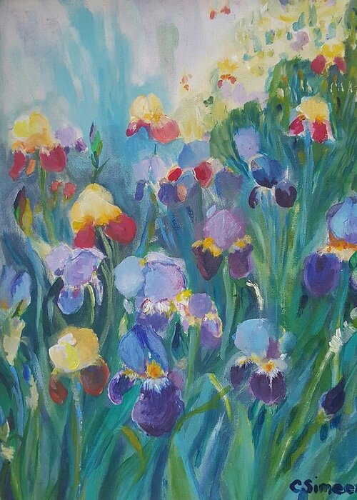 Iris Greeting Card featuring the painting Iris Garden by Cheryl LaBahn Simeone
