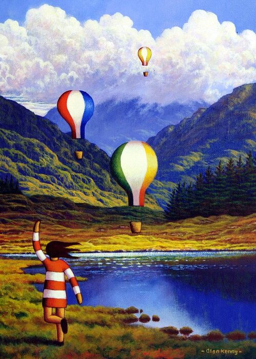 Irish Greeting Card featuring the painting Irish Landscape With Girl And Balloons By Lake by Alan Kenny