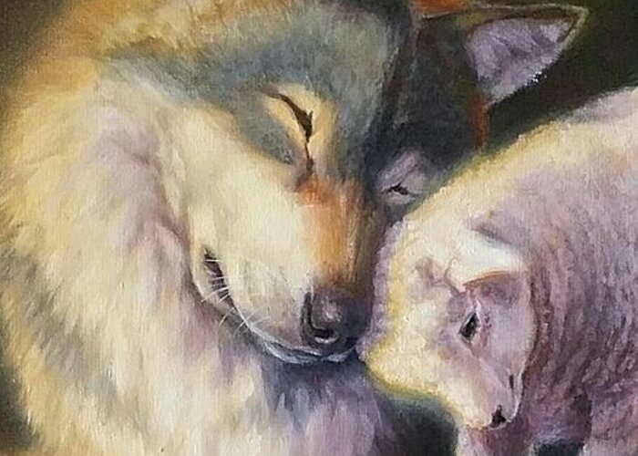 Charice Cooper Greeting Card featuring the painting Isaiah Wolf and Lamb by Charice Cooper