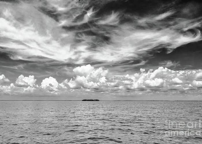 9/1/13 2013 Fl Bay Boating Water Sea Sky Clouds Dramatic Bw Black And White Seascape Landscape Wall Art Serene Florida Keys Key Largo Island Greeting Card featuring the photograph Island, Clouds, Sky, Water by Louise Lindsay